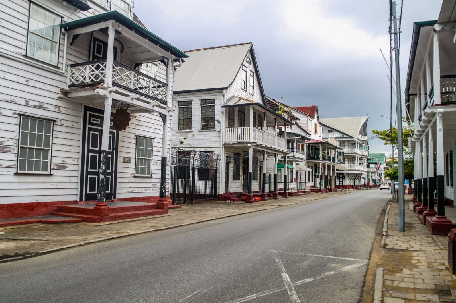 Street with old colonial buildings in Paramaribo, capital of Suriname.