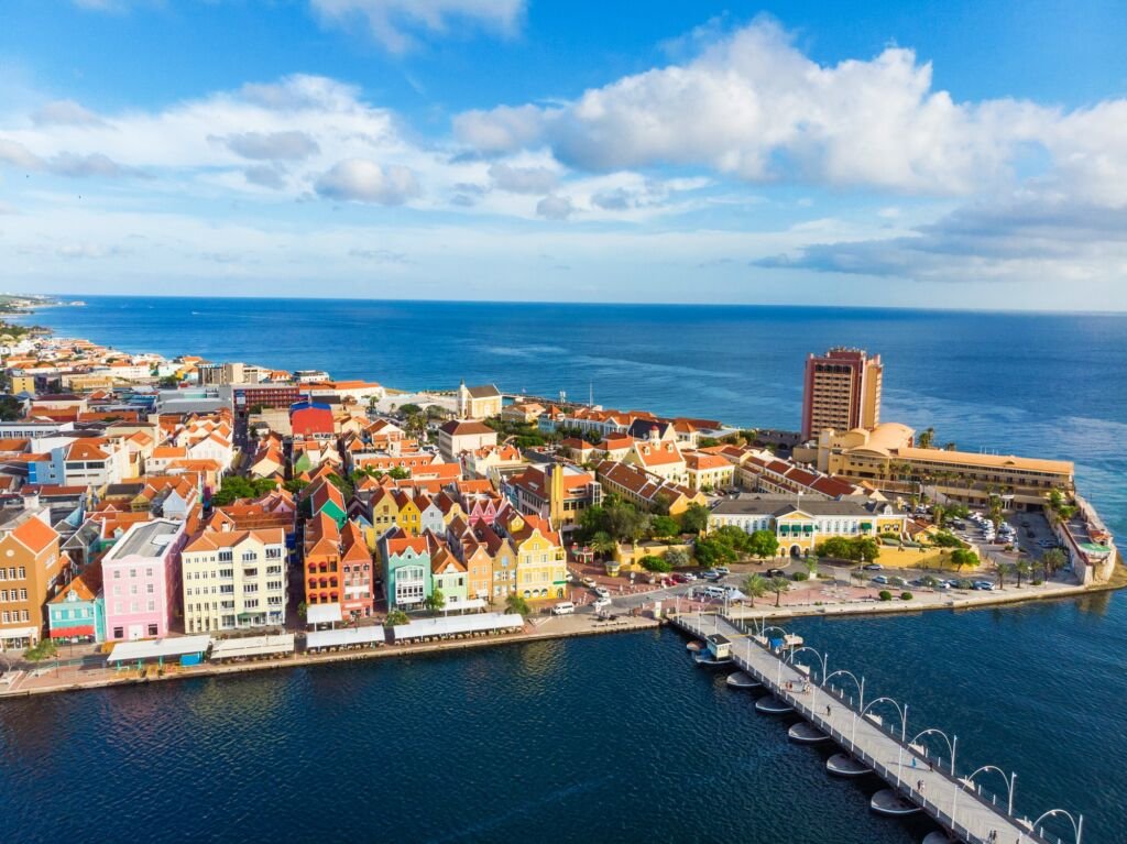 Aerial view of Willemstad with it's colourful Dutch style buildings, Curacao