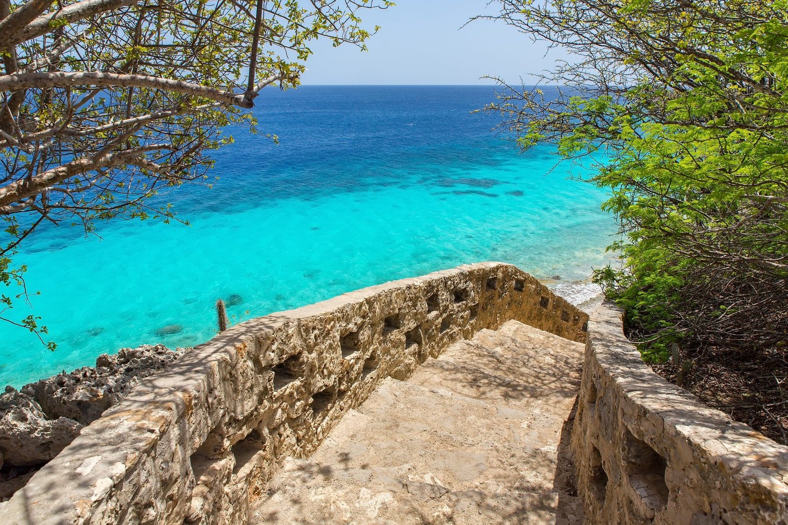 1000 steps descent to beach and blue sea on island Bonaire. This is a famous place for divers where you can see many tropical fishes and green turtles. The name has been choosen because for a diver carrying at about 30 kg as divers equipment along these steps feels like a 100 steps!