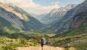A young man enjoys the view of the mighty mountains of Valle de Pineta in the Spanish Pyrenees
