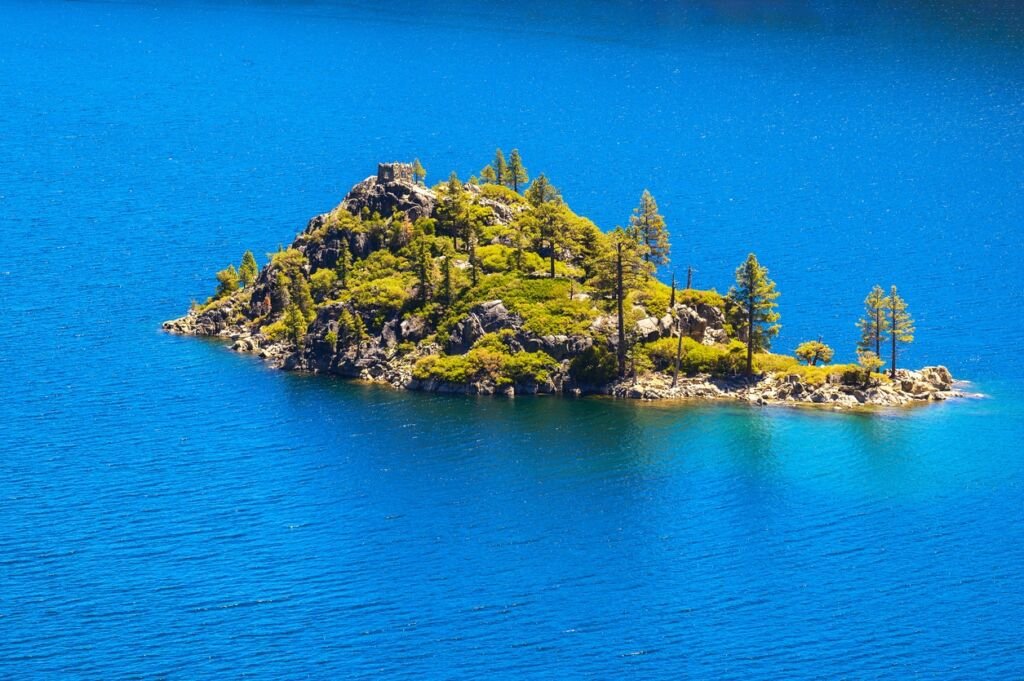 Fannette Island located in the Emerald Bay of Lake Tahoe, California. The island is approximately 150 feet in height, and it is the only island on Lake Tahoe.