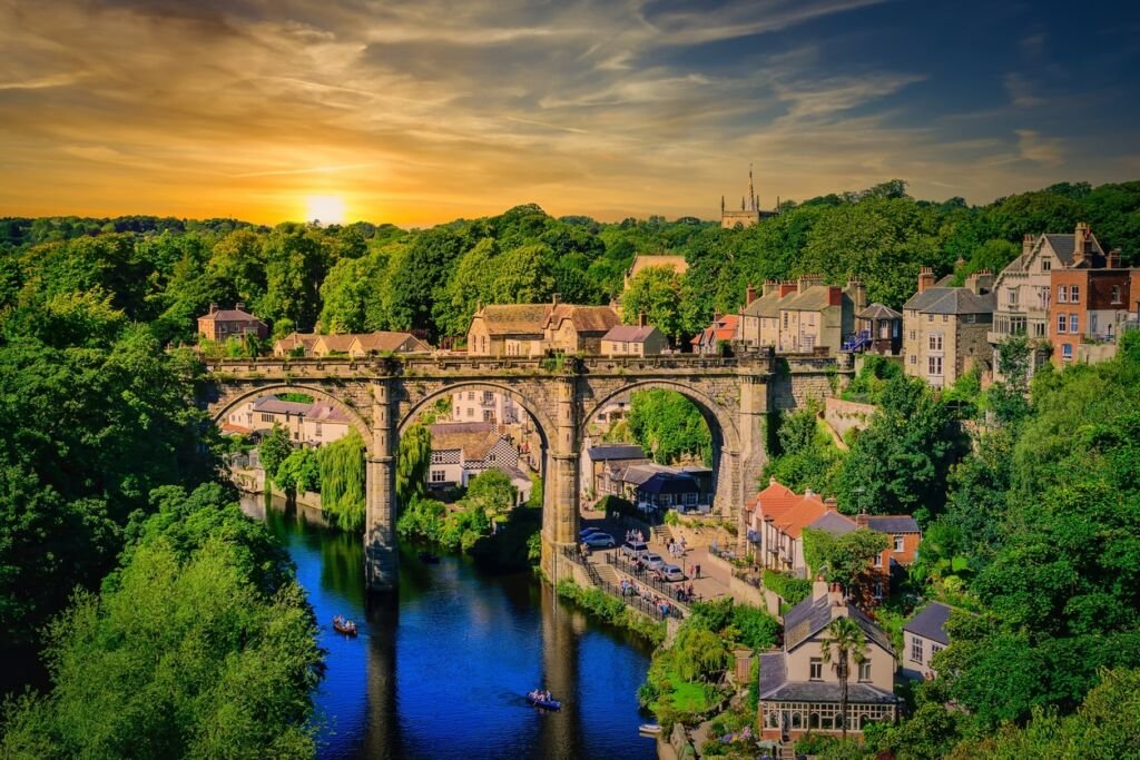 Landscape of Railway viaduct over the River Nidd at sunset in Knaresborough, North Yorkshire, England. UK.