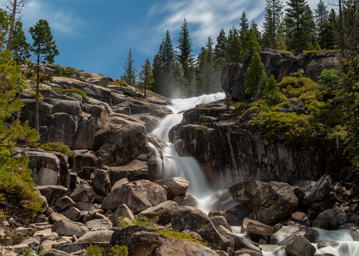 Bassi Falls at the Eldorado National Forest, California, USA, in the beginning of the summer of 2019, viewed close, long exposure
