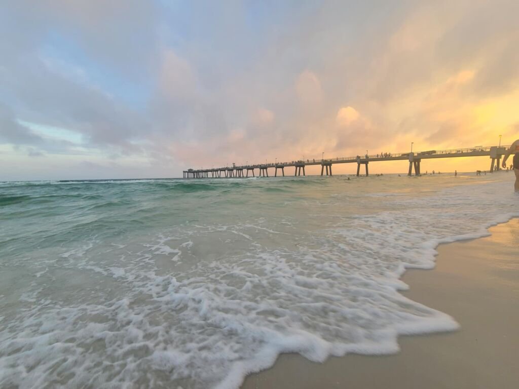 Sunset at Destin Beach, Florida, with pier in background