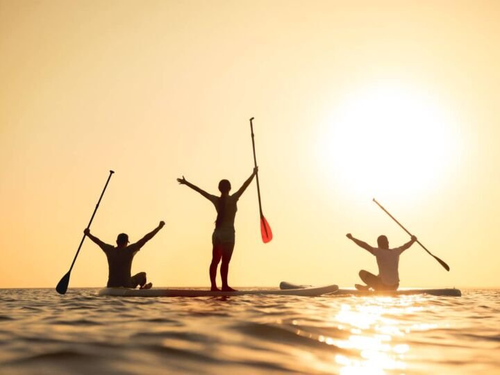 Happy surfers stands on sup boards with raised arms and looks at sunset