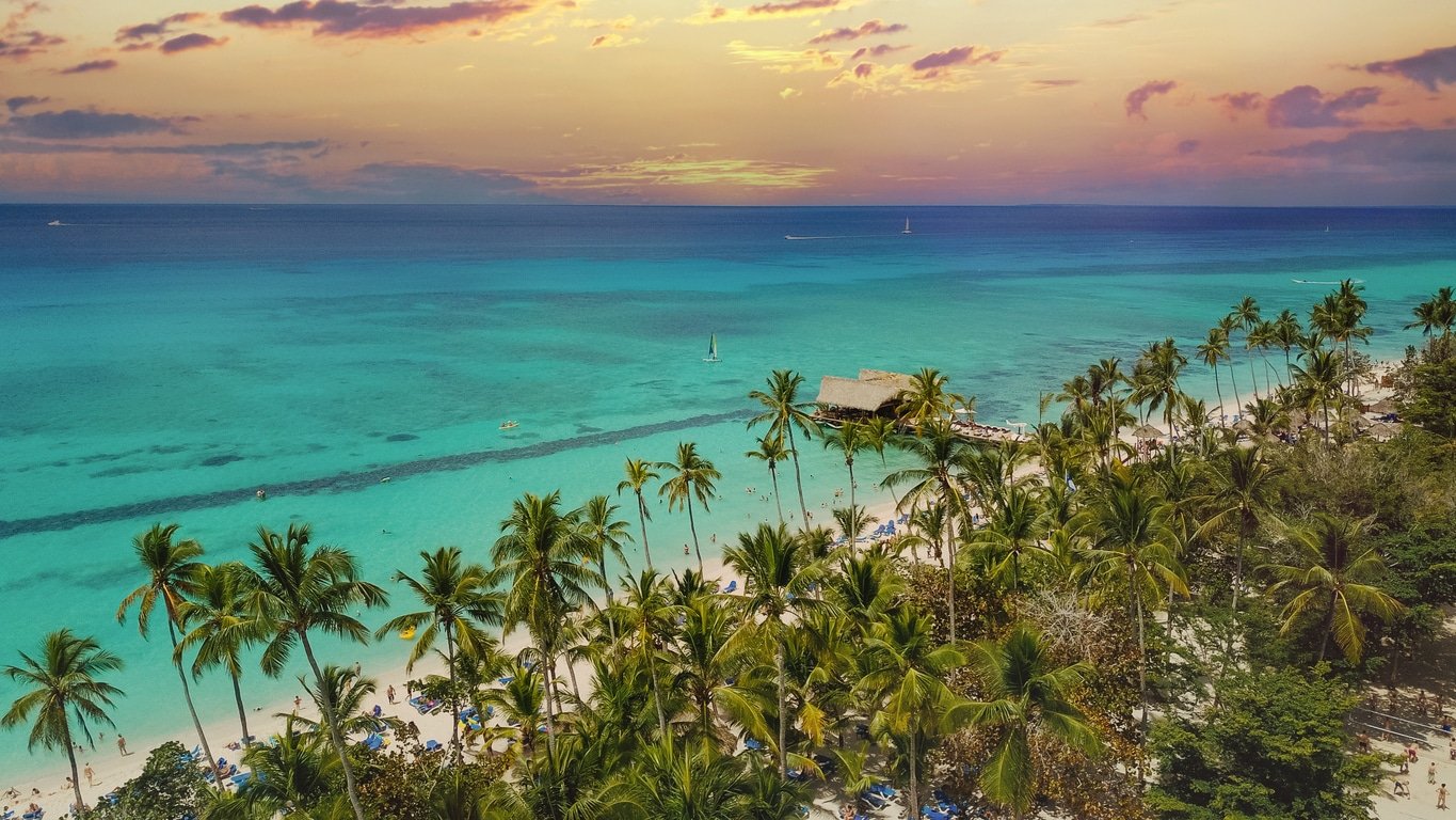 aerial view of a wonderful caribbean sunset on a tropical island, La Romana, Dominican Republic