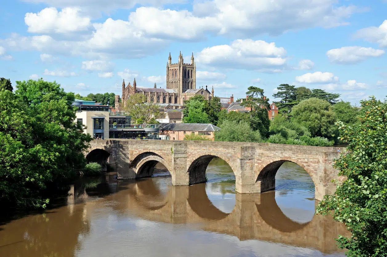 Wye bridge and Cathedral, Hereford. Sunny day with some clouds