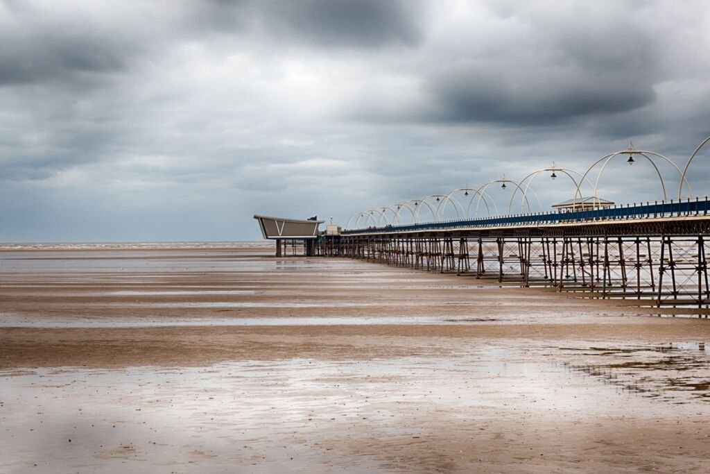 A pleasure pier in Southport Town Centre during cloudy October morning. HDR.