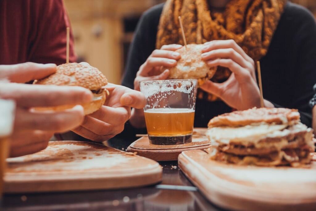 beer and burgers at a restaurant