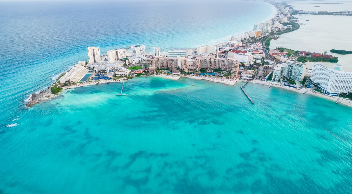 Aerial panoramic view of Cancun beach and city hotel zone
