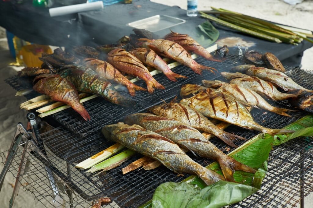 Grilled fresh seafood in local market, 