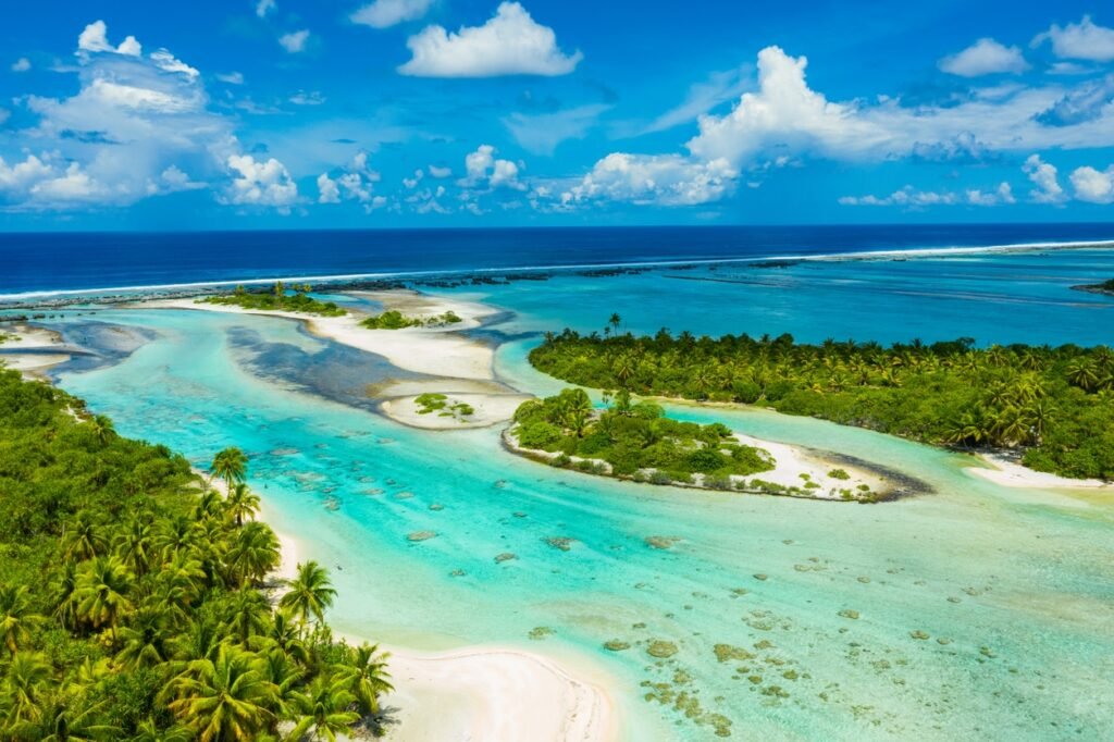 Rangiroa aerial image of atoll island reef motu in French Polynesia Tahiti