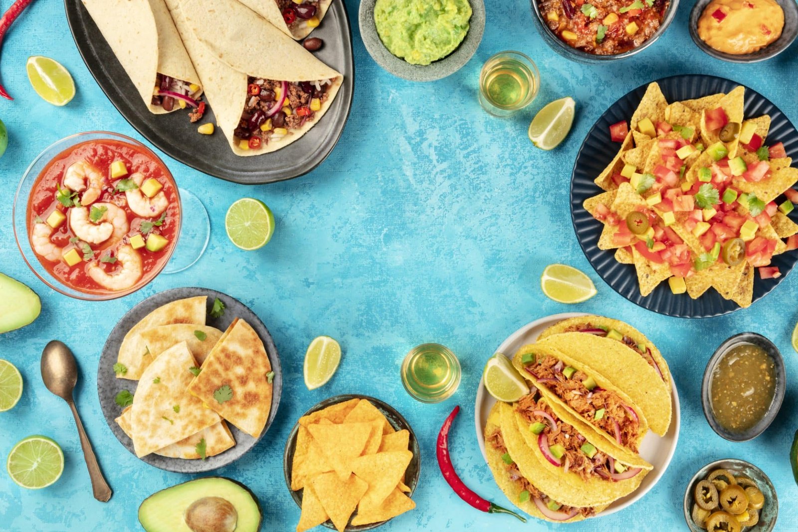 Mexican food, many dishes of the cuisine of Mexico, flat lay, shot from the top on a vibrant blue background, forming a frame with a place for text. Nachos, quesadillas, guacamole, burritos etc