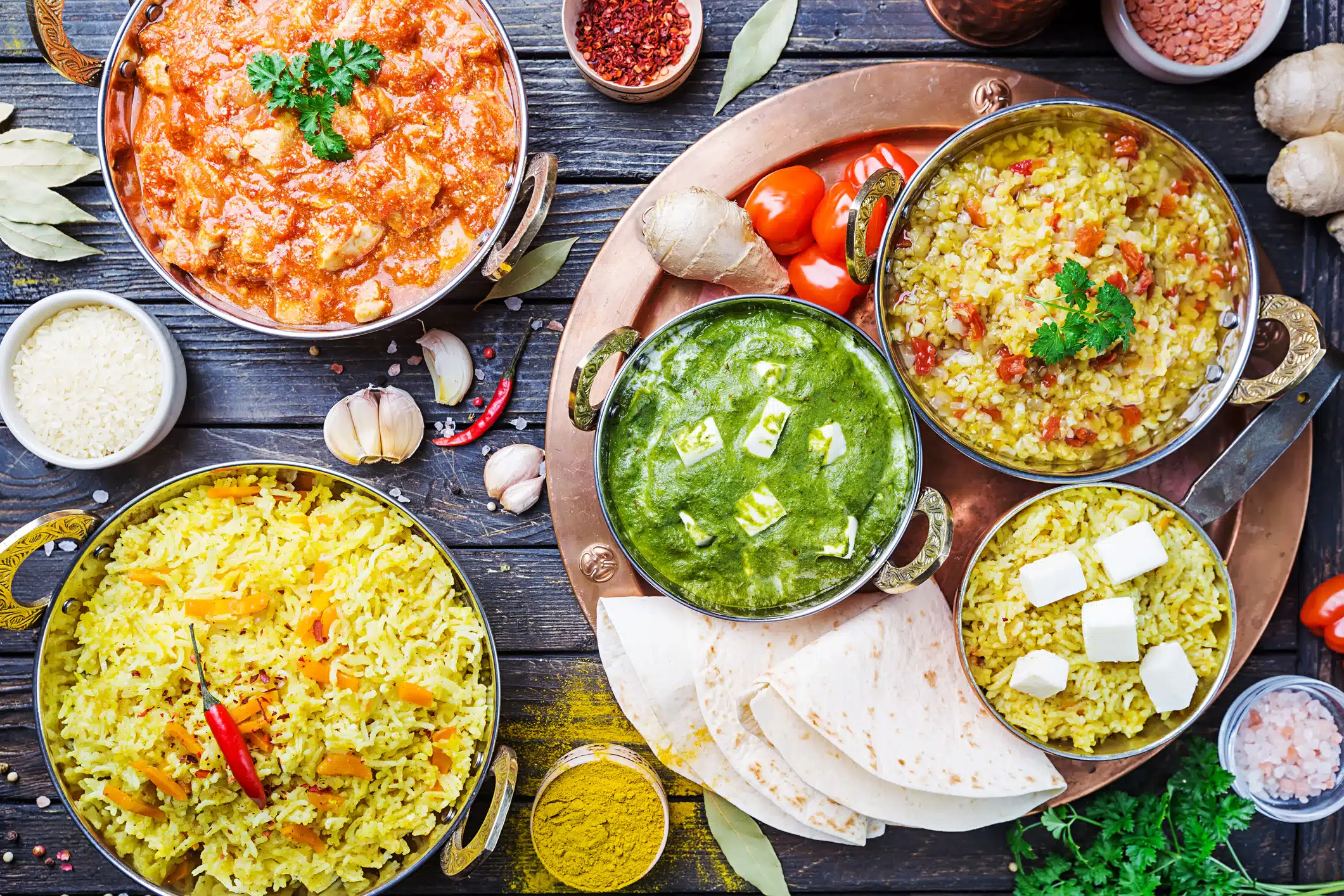 Assorted curries on table