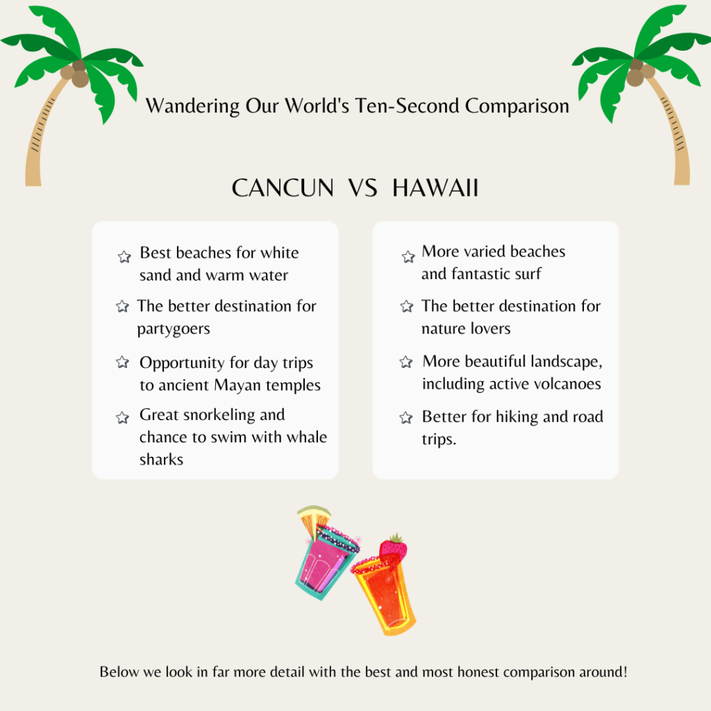 An infographic pitting Cancun vs Hawaii against each other by showing some of the key differences