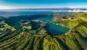 Azores Sao Miguel, Miradouro da Vista do Rei, Sete Cidades,, aerial drone view