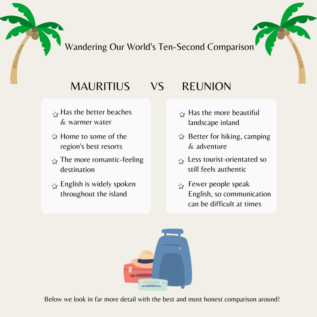 An infographic pitting Mauritius vs Reunion and showing some of the key differences that will be discovered later in the article.