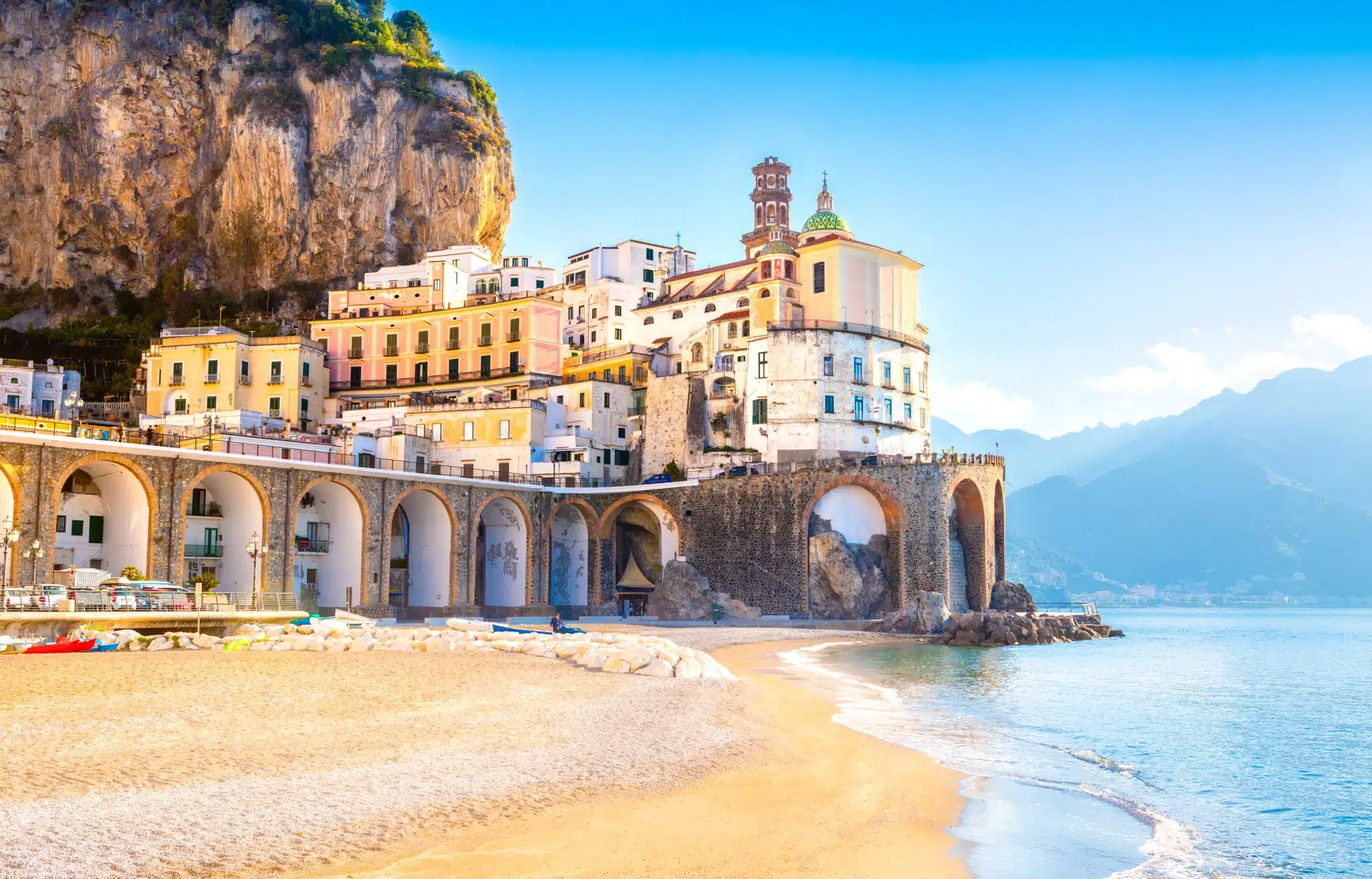 Morning view of Amalfi cityscape on coast line of mediterranean sea, Italy