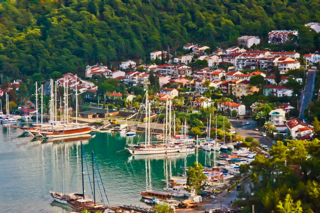 View of Fethiye, Turkey, many boats moored at harbor