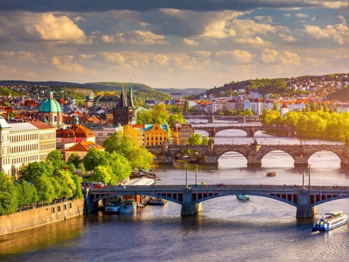 Amazing spring cityscape, Vltava river and old city center from Letna park, Prague, Czechia. Vltava river and Charles bridge, Prague, Czechia.