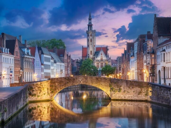 Bruges or Brugge, Belgium. View of Spiegelrei canal at dusk (HDR image)