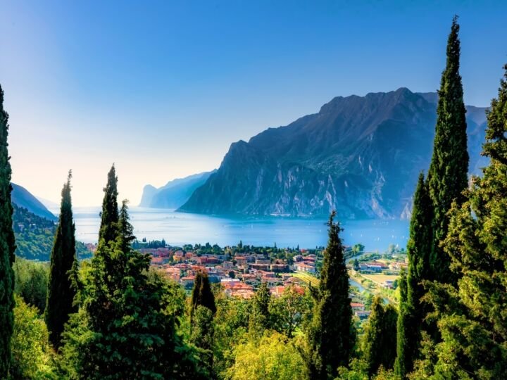 Beautiful aerial view of Torbole, Lake Garda (Lago di Garda) and the mountains, Italy