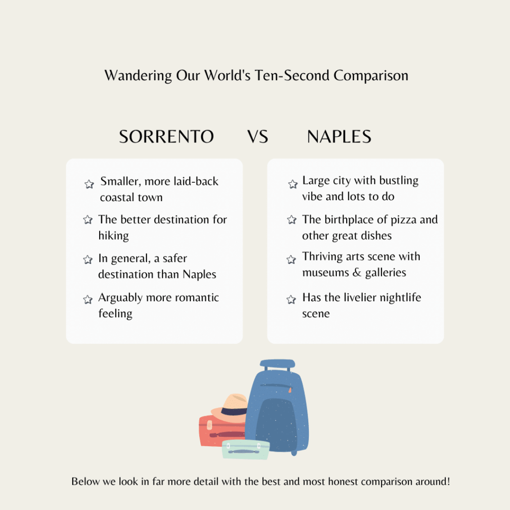 An infographic pitting Sorrento vs Naples and showing some of the key differences that will be discovered later in the article.