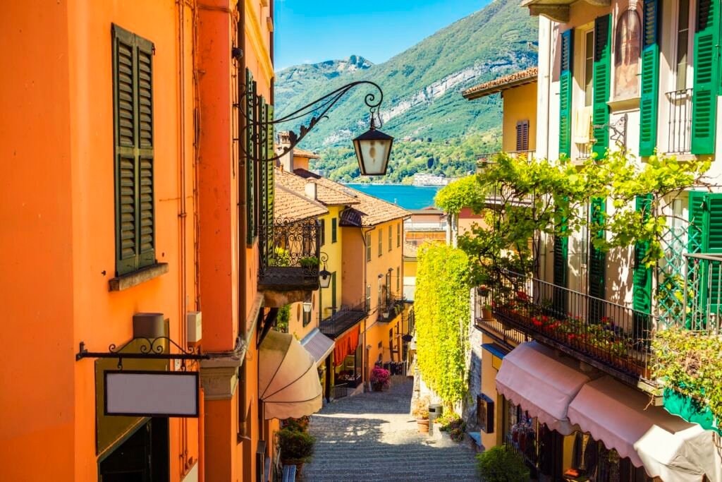 Picturesque and colorful old town street in Bellagio city, Italy