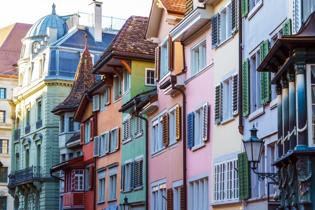 Picturesque houses of a medieval city with colorful shutters, Zurich, Switzerland