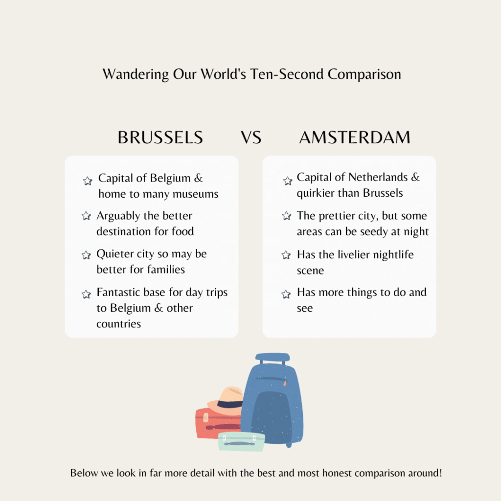 An infographic pitting Brussels vs Amsterdam and showing some of the key differences that will be discovered later in the article.