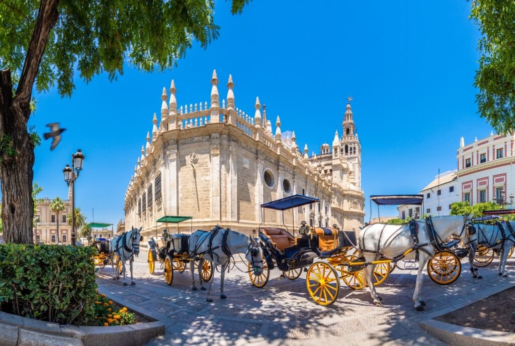 Views of Seville city, with Guadalquivir river and bridges, towers, streets and Squares in Spain. Horse and carts in the foreground, with building behind them.