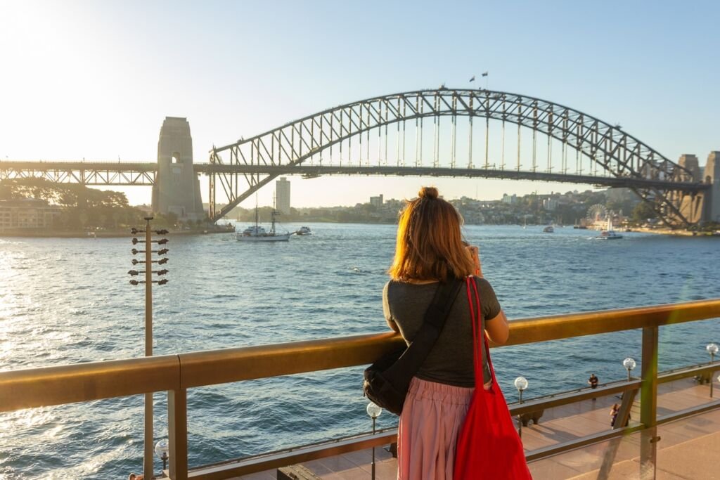 Female tourist with backpack bag taking photos of Sydney Harbour Bridge during summer vacation trip.