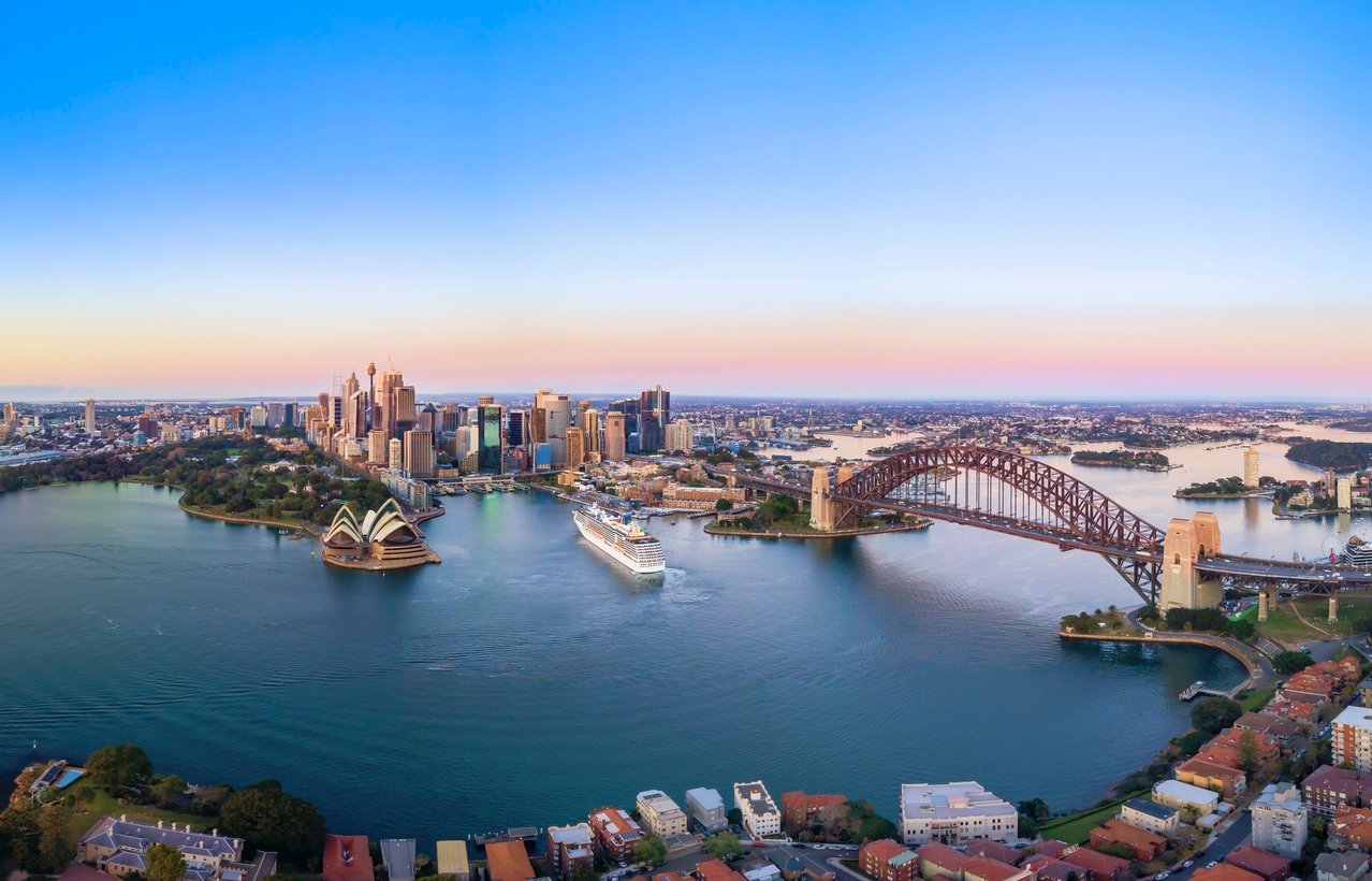 Aerial Panoramic View of Beautiful Sunrise at Sydney City Skyline
