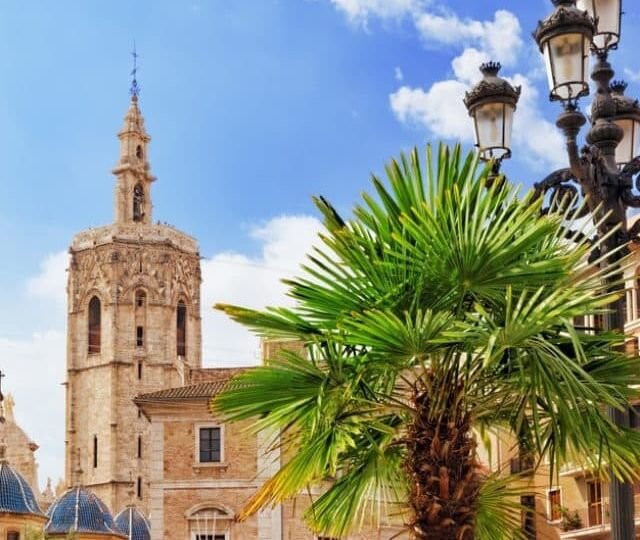 Square of Saint Mary's and Valencia cathedral temple in old town.Spain