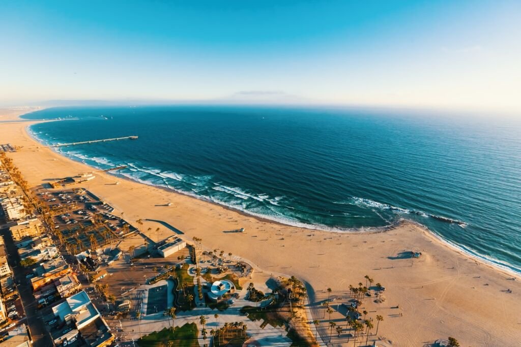 Aerial view of the shoreline in Venice Beach, CA