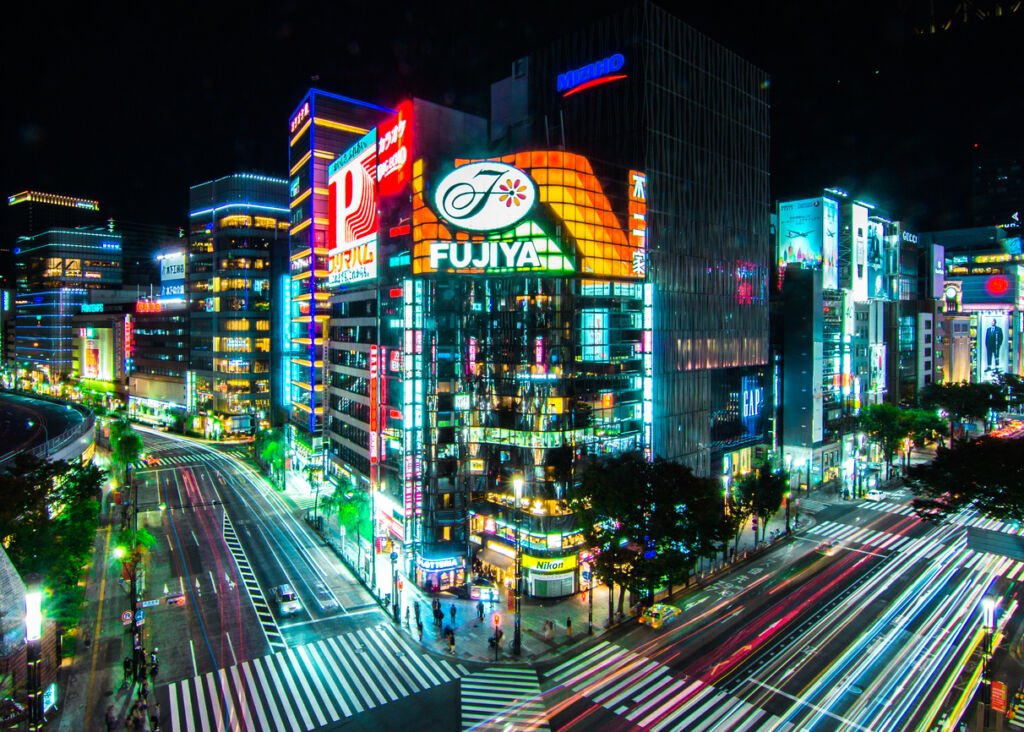 Ginza Shopping Center, Tokyo's luxurious retail heart, brilliantly illuminates the district with high-end shops and contemporary Japanese fashion.