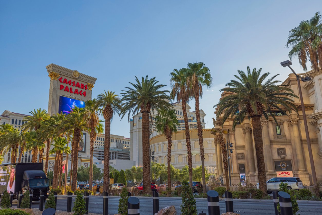 Las Vegas, USA: A stunning view through the iconic Strip, framed by palm trees, unveils the grandeur of Caesars Palace casino. A symphony of lights and luxury in the desert oasis.