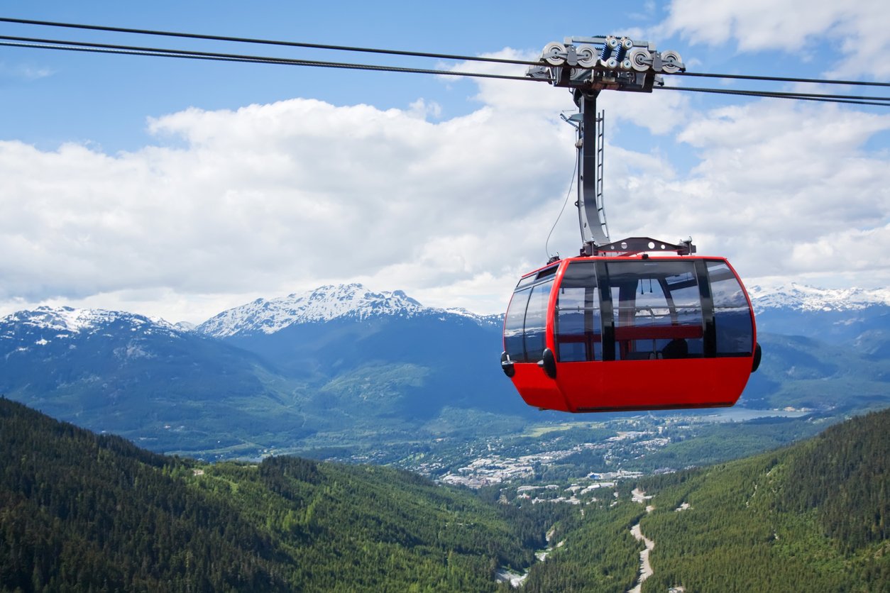 Against the canvas of a clear blue sky, a red car glides on the aerial tramway, seamlessly connecting two high peaks on Whistler Mountain in British Columbia, Canada. White clouds frame the iconic journey through the breathtaking alpine landscape.