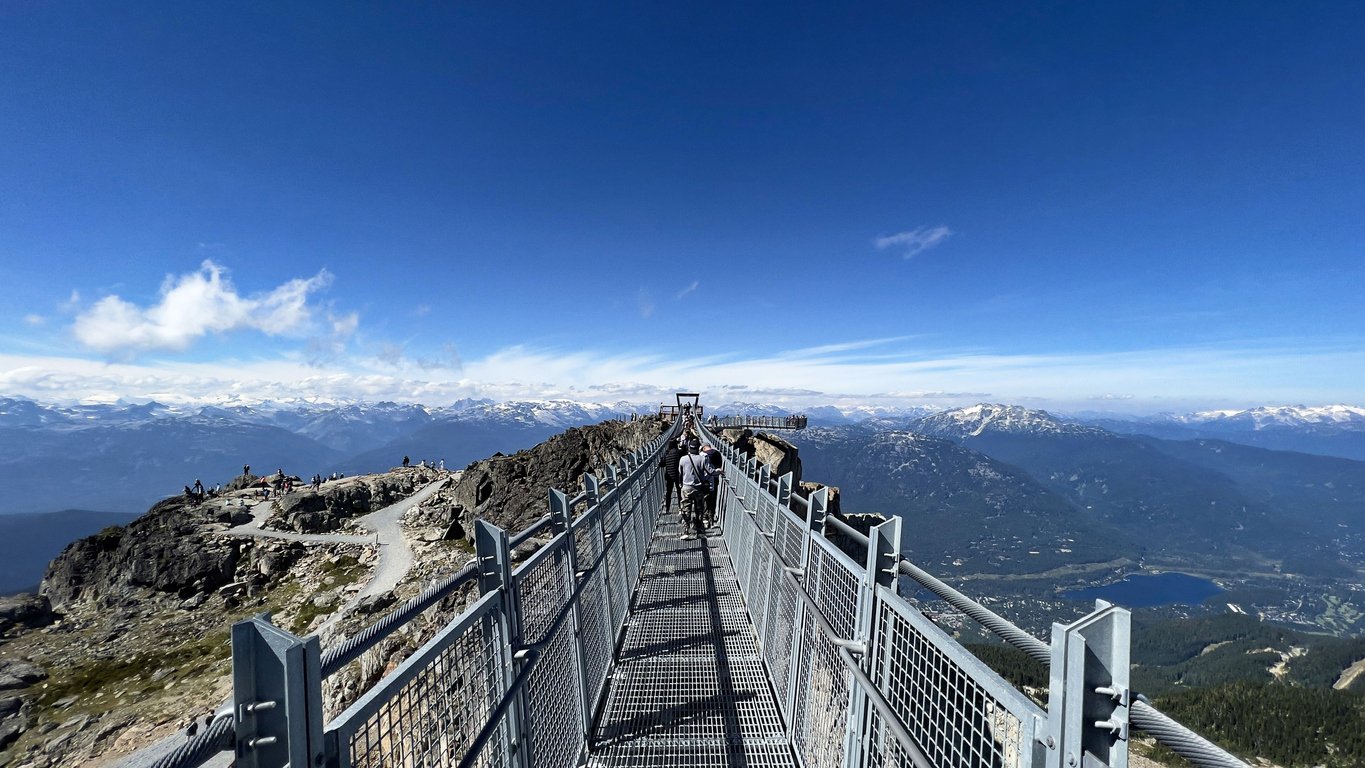 Perched on the Cloudrake Skybridge in Whistler, BC, Canada, breathtaking mountain vistas unfold. Majestic peaks stretch into the horizon, a captivating spectacle suspended between earth and sky.