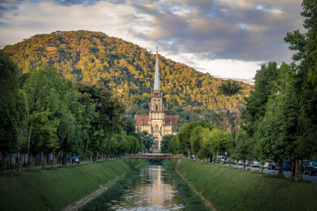 The Cathedral of Saint Peter of Alcantara stands proudly in Petropolis, Rio de Janeiro, Brazil, overlooking Koeller Avenue Canal. A harmonious blend of historic architecture and serene waters in this charming Brazilian city.