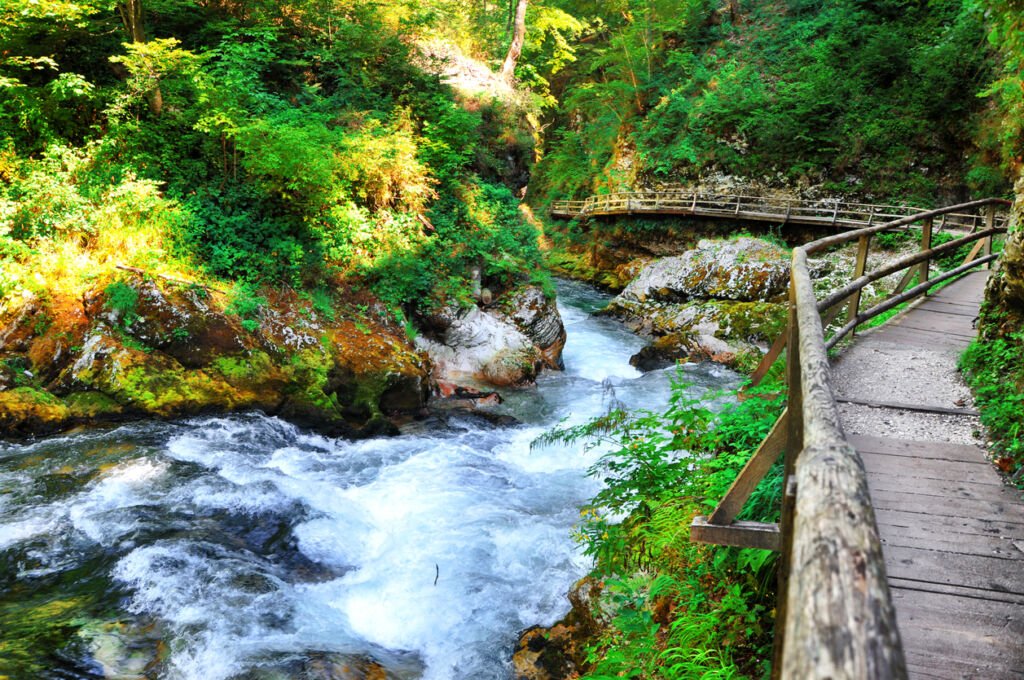 Discover Vintgar Gorge, an iconic canyon near Bled in Triglav, Slovenia. Wooden paths guide along the mesmerizing Radovna River, culminating in the charm of an ancient bridge. European allure at its finest.