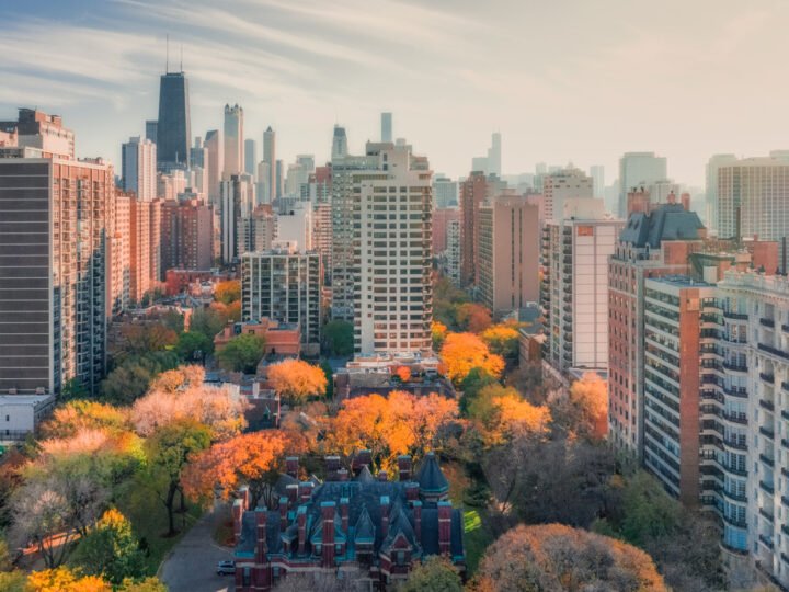 Aerial view of Chicago downtown with fall foliage